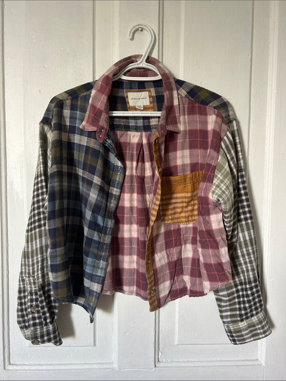 American Eagle Outfitters Cozy Cabin Cropped Patchwork Plaid Flannel Shirt - Picture 2 of 5